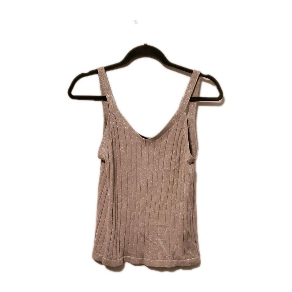 Y2K Waserman Silk Lg Blend Beige Glitter Tank Going Out Top V Neck Shirt Sparkle